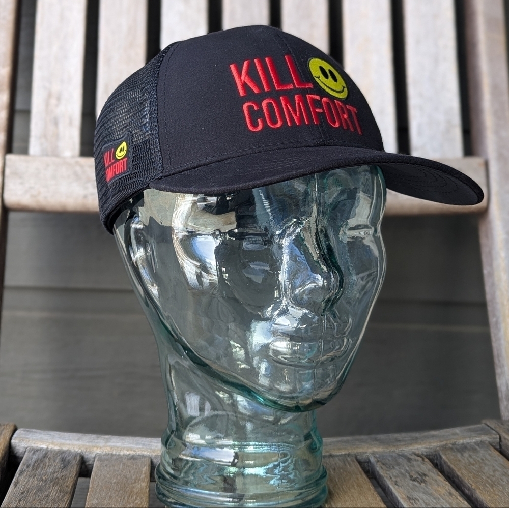 Kill Comfort Running Trucker Hat Black Unisex One Size Embroidered Smiley Face